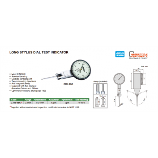 Insize 2383-08A Uzun Problu Salgı Komparatörü 0.8 mm / 0.01 mm