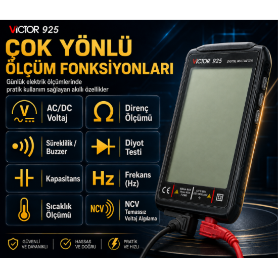 Victor 925 Büyük Ekranlı True RMS Akıllı Dijital Multimetre