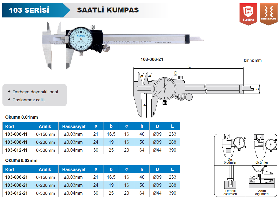 Accud 101-012-21I İnç Saatli Kumpas