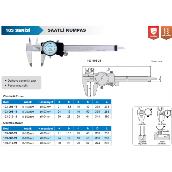 Accud 101-012-21I İnç Saatli Kumpas