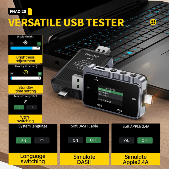 Fnirsi FNAC-28 2'si 1 Arada Tip-C USB Test Cihazı Dijital Voltmetre Ampermetre