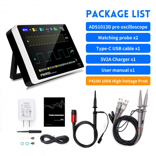 Fnirsi ADS1013D 2 Kanal 100MHz 1GSa/s Dijital Dokunmatik Tablet Osiloskop + P4100 Prob Dahil