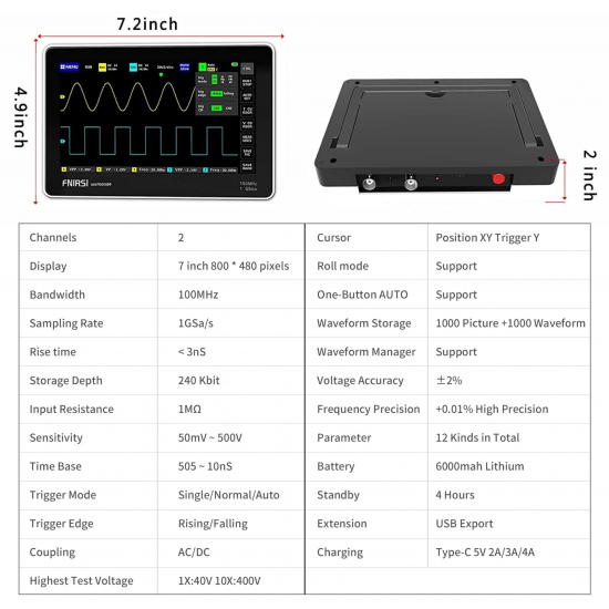 Fnirsi ADS1013D 2 Kanal 100MHz 1GSa/s Dijital Dokunmatik Tablet Osiloskop + P4100 Prob Dahil
