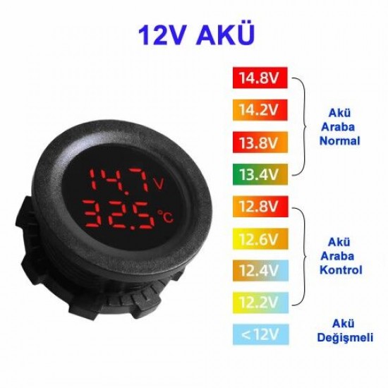 Yuvarlak Voltmetre Termometre 12V/24V